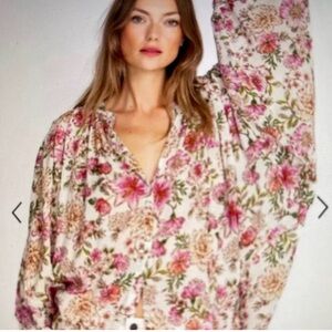 Johnny Was Cream Floral Peasant Blouse with Pink & Green Accents